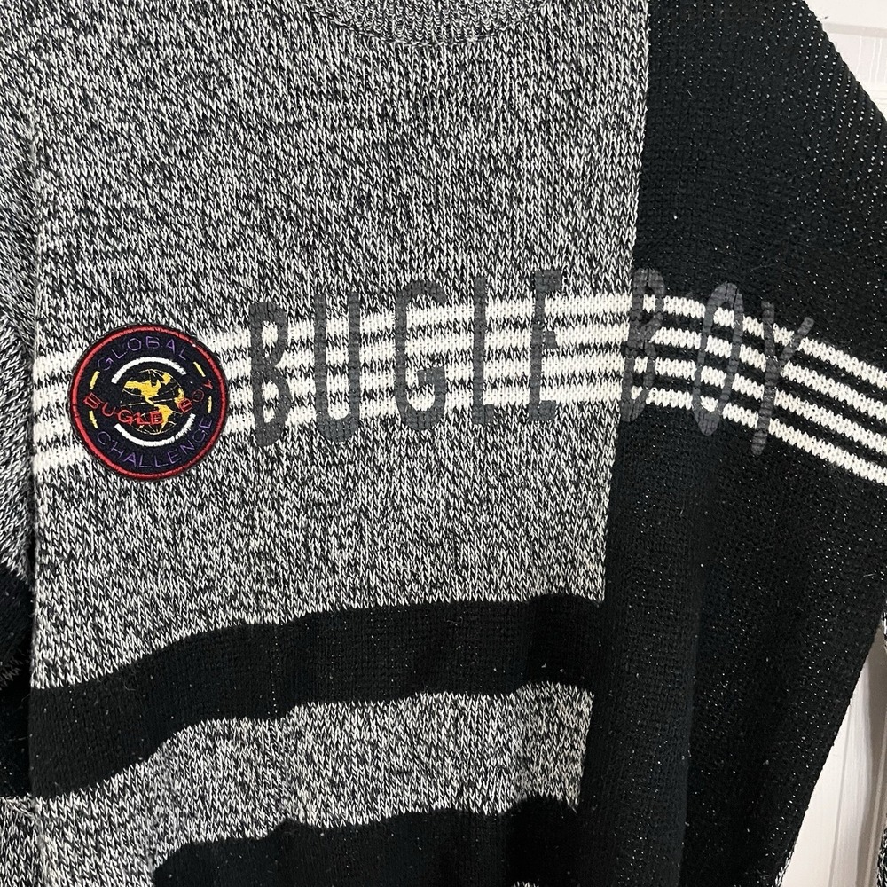 Vintage Bugle Boy Sweater 80s Spell Out Gray Black Block Patch Size Small - Picture 3 of 11